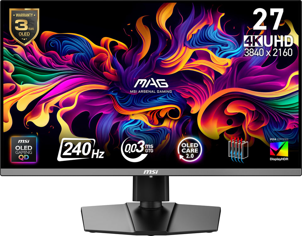 MSI MAG 272UP QD-OLED X24 front view for immersive gaming visuals.