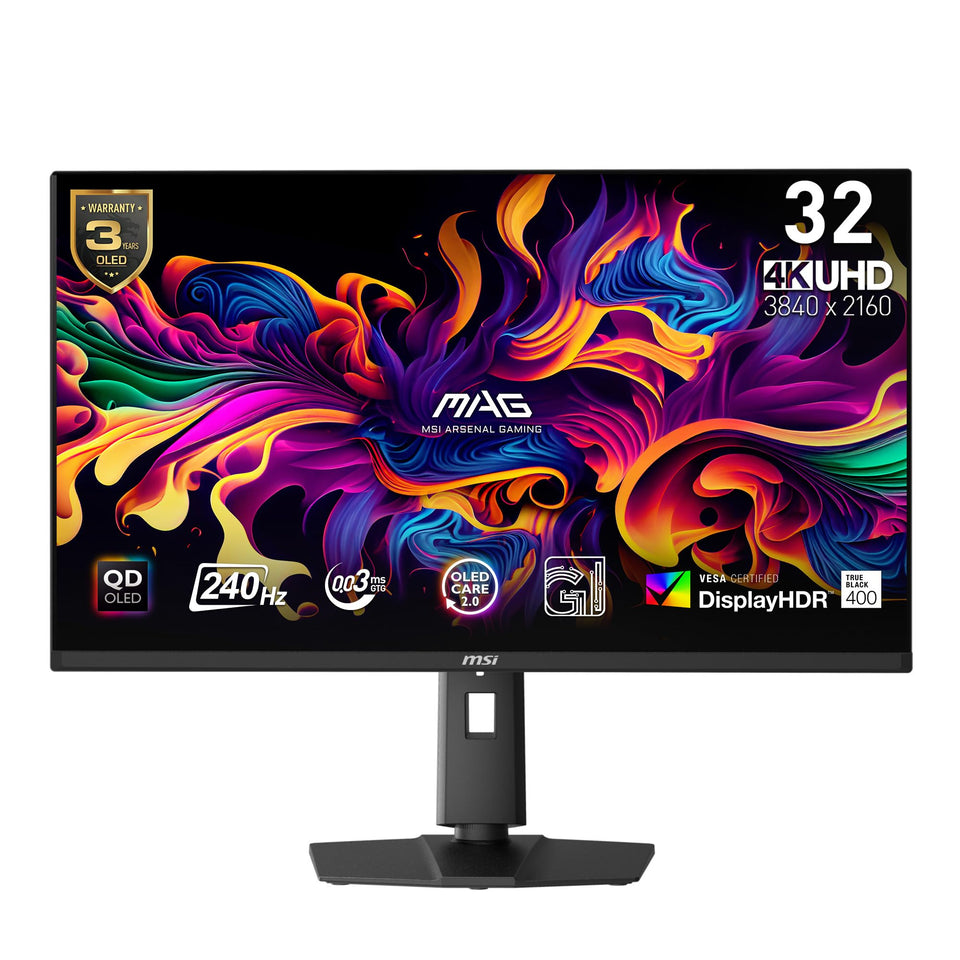 MSI MAG 321UPX QD-OLED front view shows vibrant 4K clarity for immersive gaming