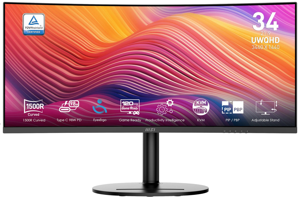 MSI MD342CQP 34-inch UWQHD front view for multitasking and spacious workflows.