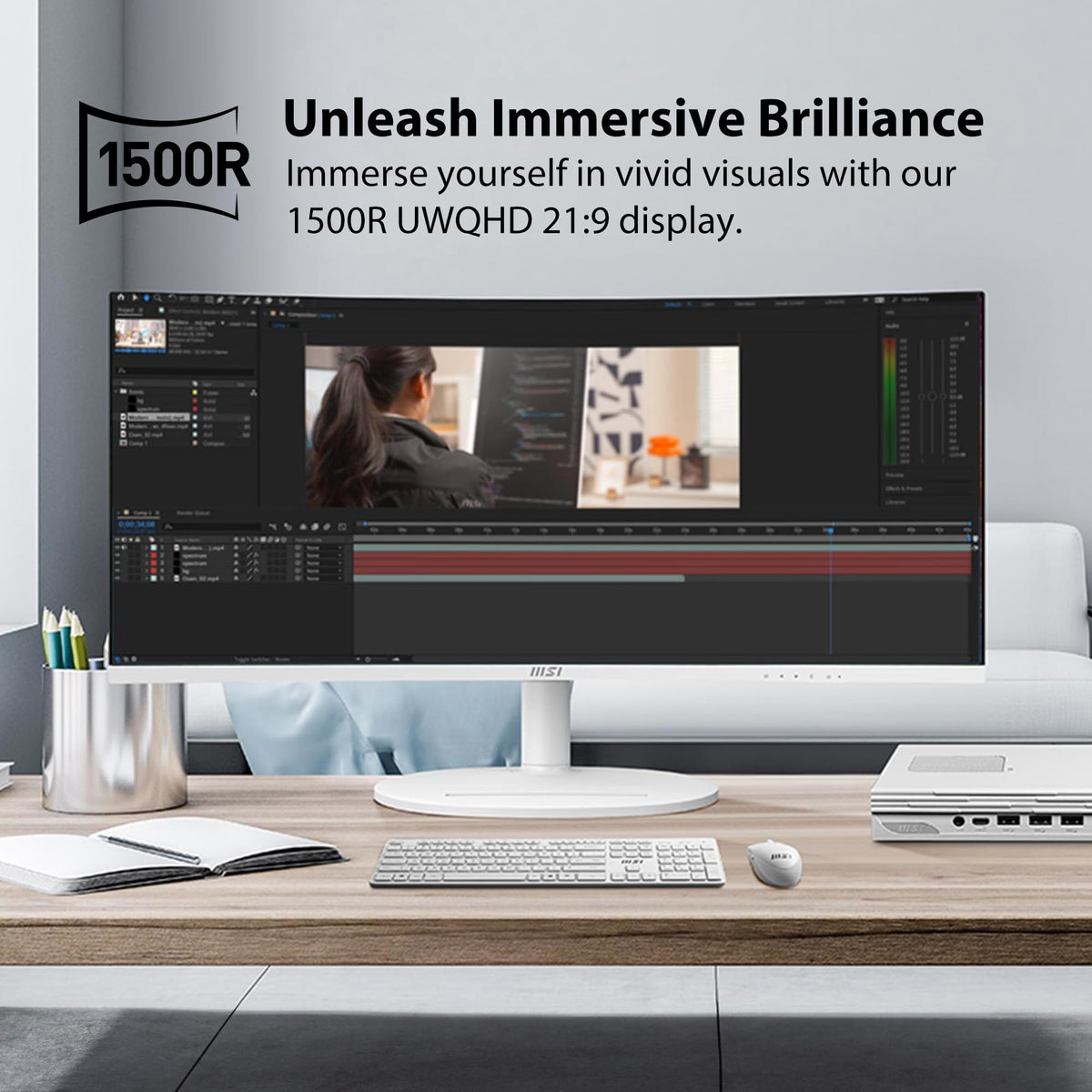 MSI Modern MD342CQPW 1500R curved screen enhances immersive viewing for work and play.
