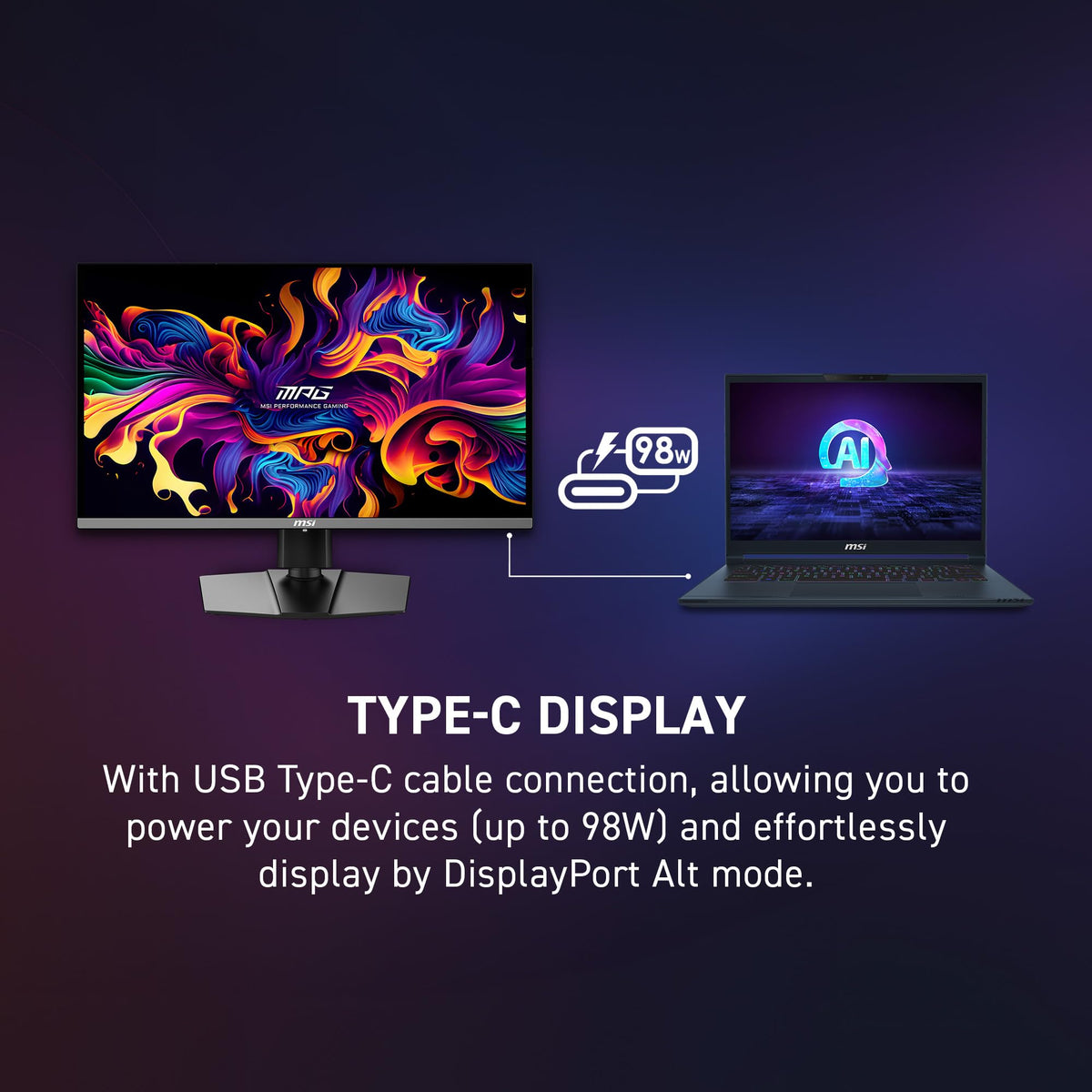 MSI MPG 272URX USB-C 98W PD powers a laptop during play