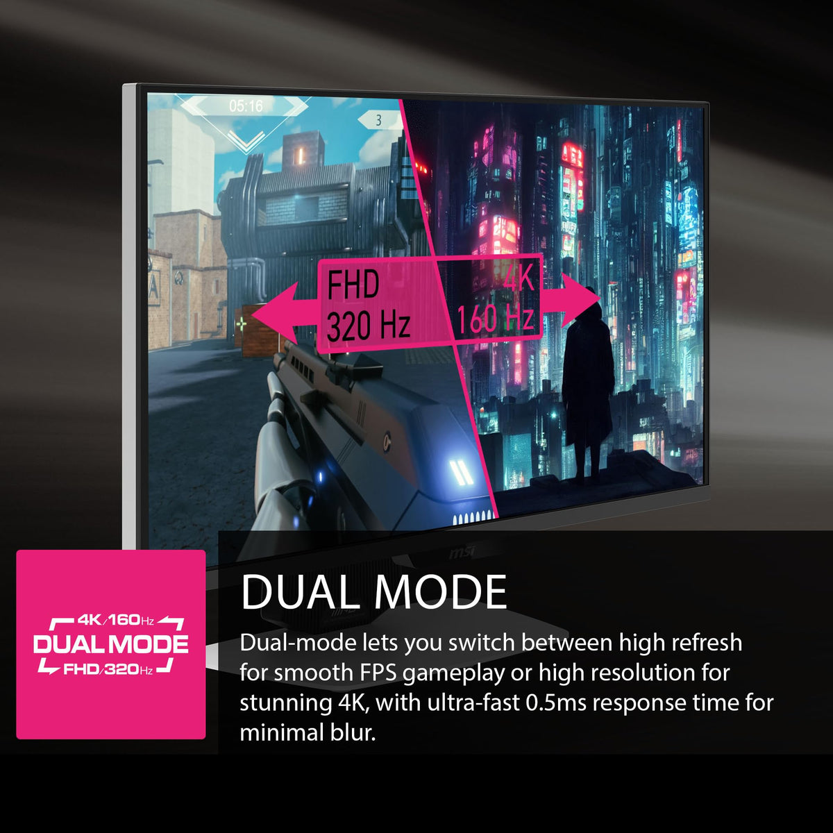 MSI MPG 274URDFW AI Dual Mode auto-adjusts refresh for smooth transitions.