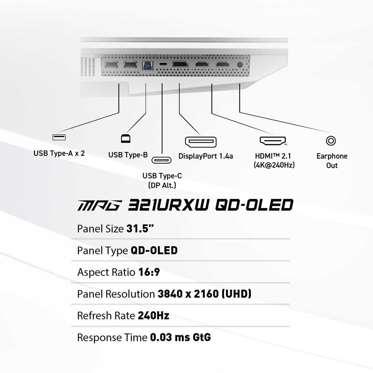 MSI MPG 321URXW QD-OLED connectivity ports for versatile setups.