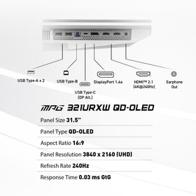 MSI MPG 321URXW QD-OLED connectivity ports for versatile setups.