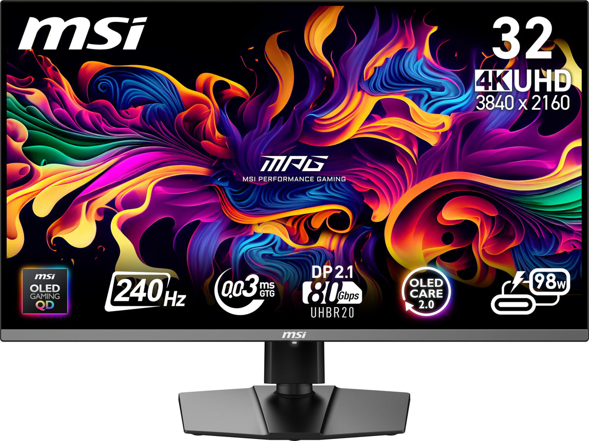 MSI MPG 322URX front view showing OLED clarity and fast 0.03ms response.