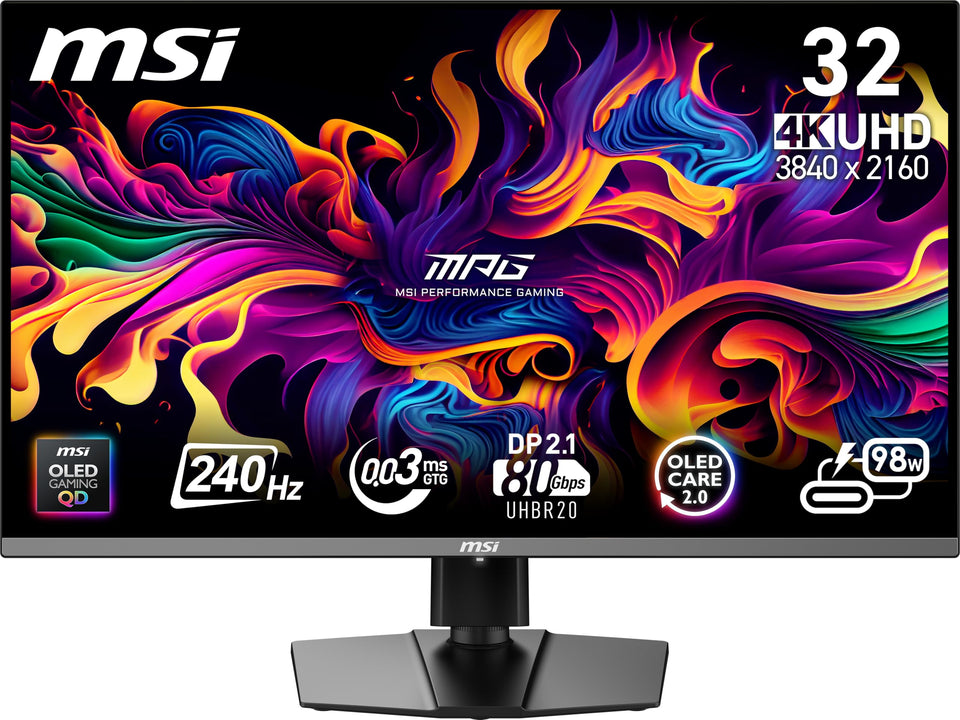 MSI MPG 322URX front view showing OLED clarity and fast 0.03ms response.