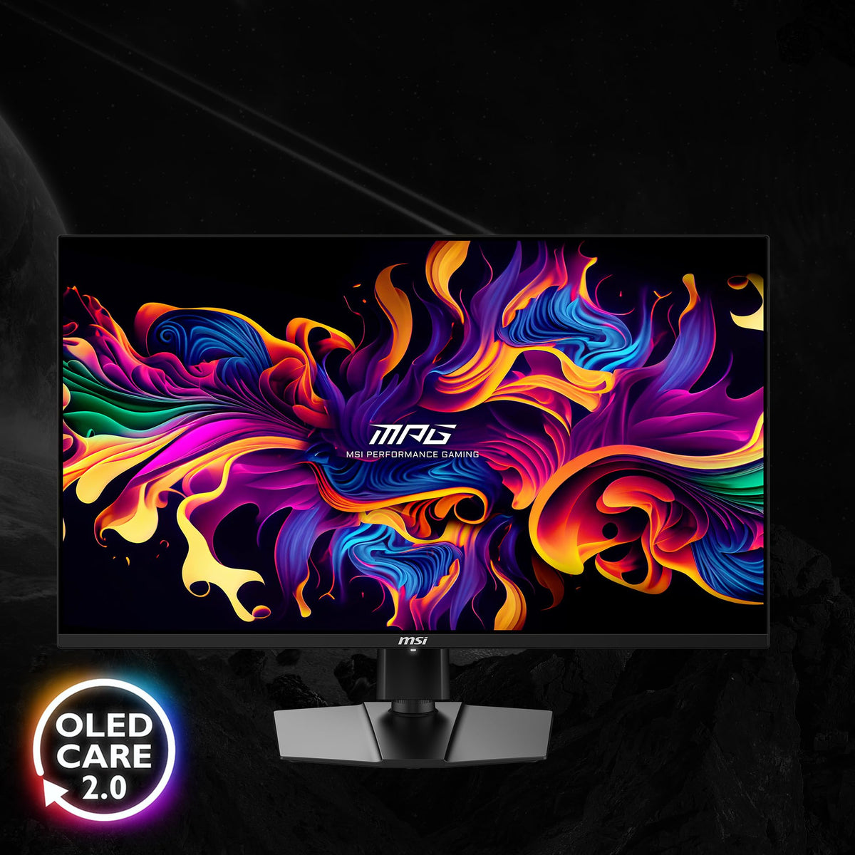 MSI MPG321URX 4-way stand with Mystic Light for ergonomic setup and ambience.