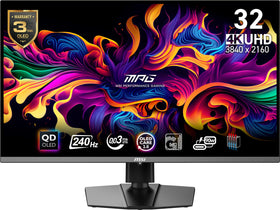 MSI MPG321URX QD-OLED panel detail boosts color clarity for immersive gaming.