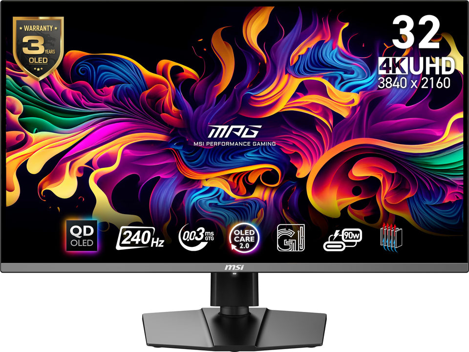 MSI MPG321URX QD-OLED panel detail boosts color clarity for immersive gaming.