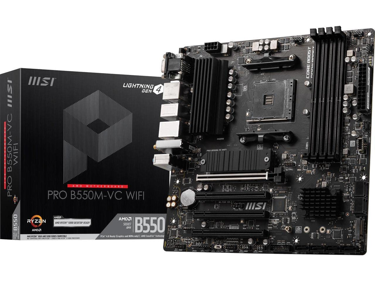MSI PRO B550M VC WiFi motherboard top view showing compact, sturdy design for small builds.