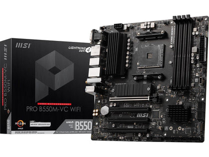 MSI PRO B550M VC WiFi motherboard top view showing compact, sturdy design for small builds.
