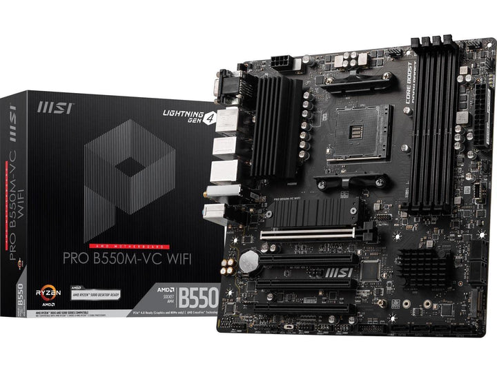 MSI PRO B550M VC WiFi motherboard top view showing compact, sturdy design for small builds.