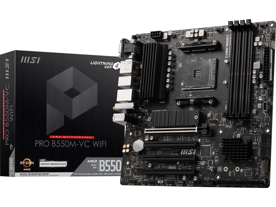 MSI PRO B550M VC WiFi motherboard top view showing compact, sturdy design for small builds.