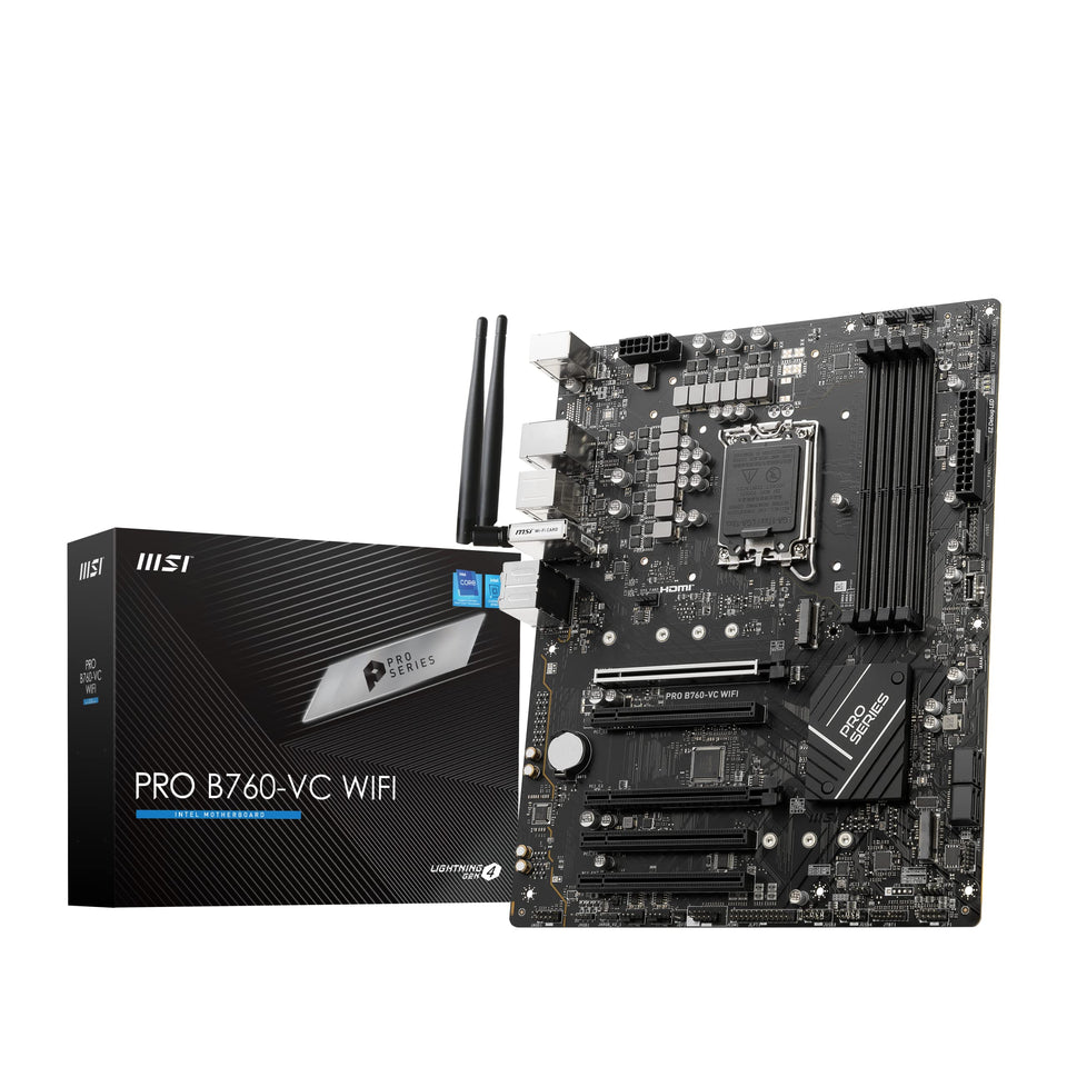 MSI PRO B760-VC top view shows PCIe lanes and DDR5 slots for performance builds