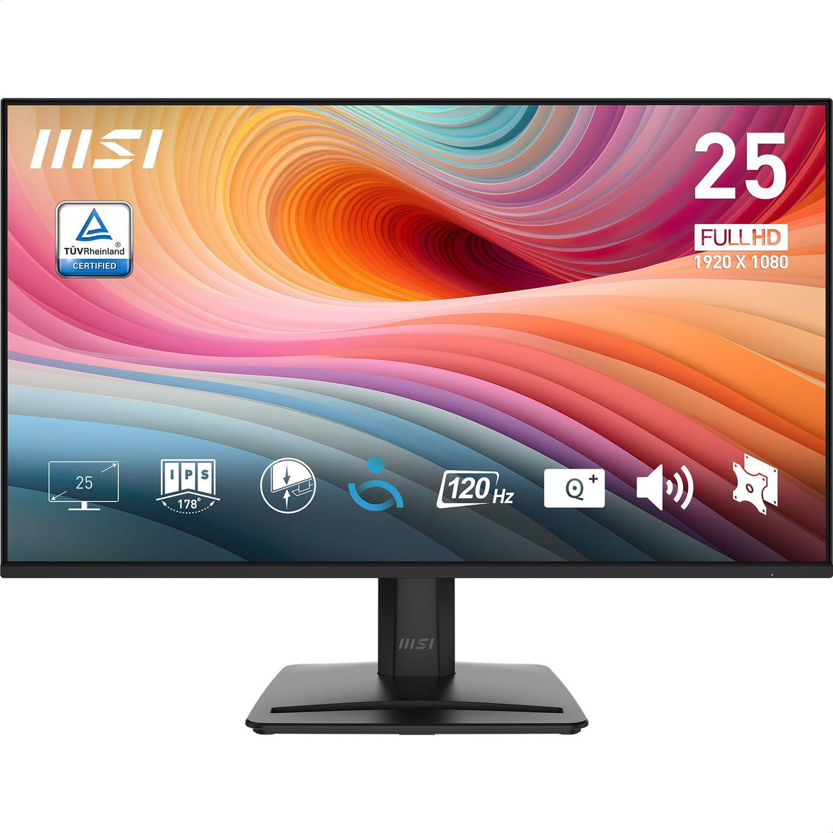 MSI PRO MP251 E2 front view on a compact desk for small spaces.