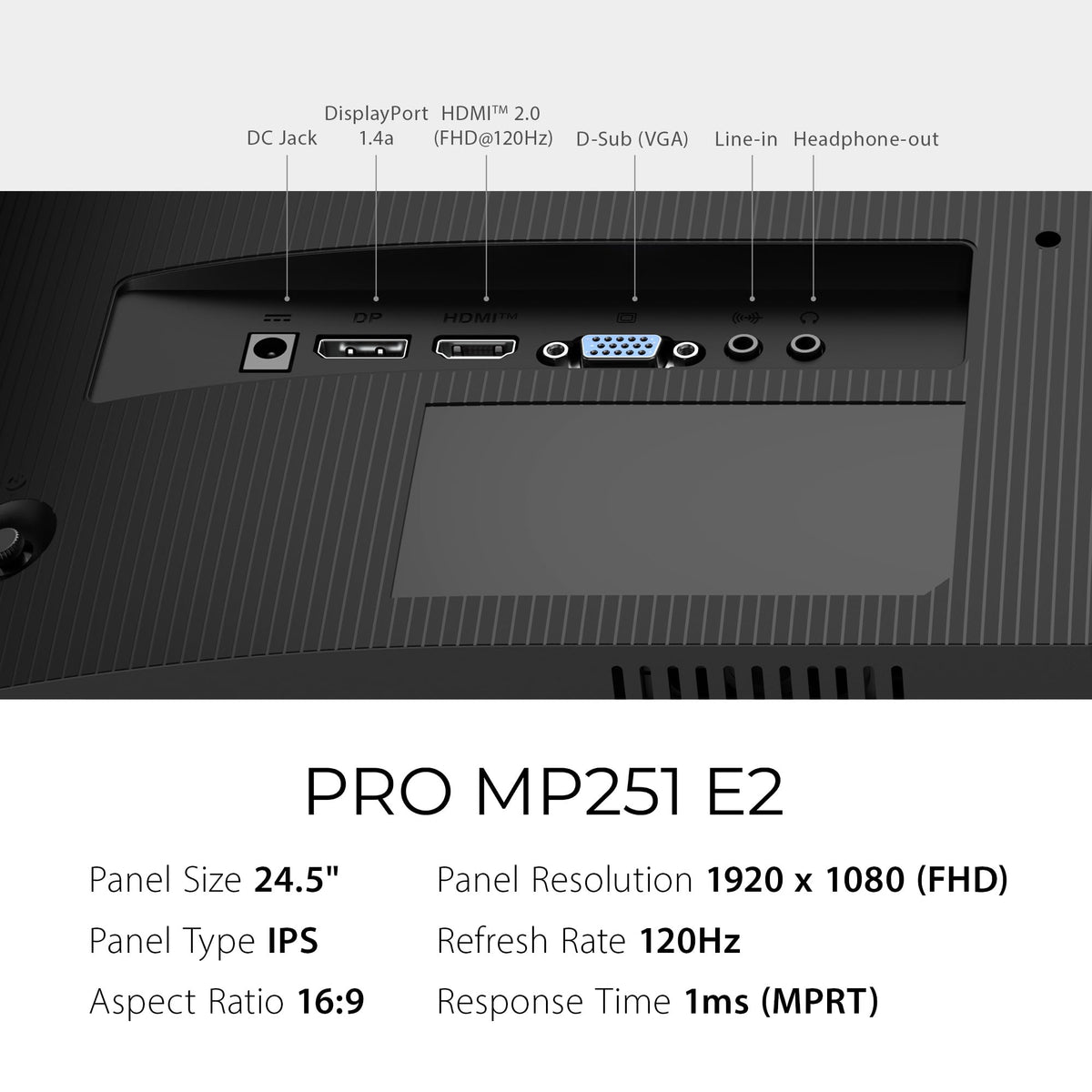 MSI PRO MP251 E2 back ports with HDMI, VGA, and DisplayPort for flexible setup.