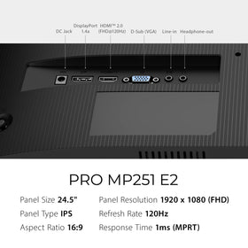 MSI PRO MP251 E2 back ports with HDMI, VGA, and DisplayPort for flexible setup.