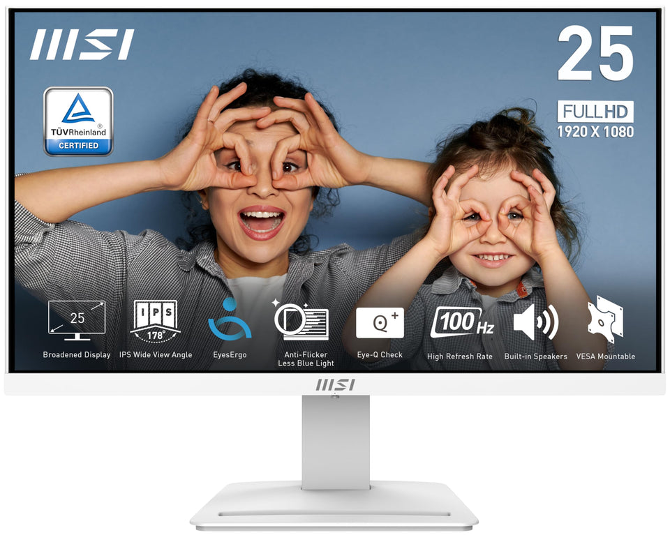 MSI PRO MP253W front view shows slim white design for desks