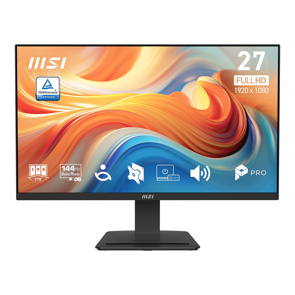 MSI PRO MP273 E14A front view with four sided slim bezel for immersive visuals.