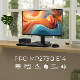 MSI PRO MP273Q E14 side tilt demonstrates ergonomic adjustment for comfortable all-day use