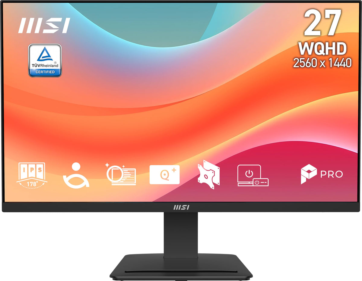 MSI PRO MP273Q E7 front view showing a sharp QHD IPS display for productive work