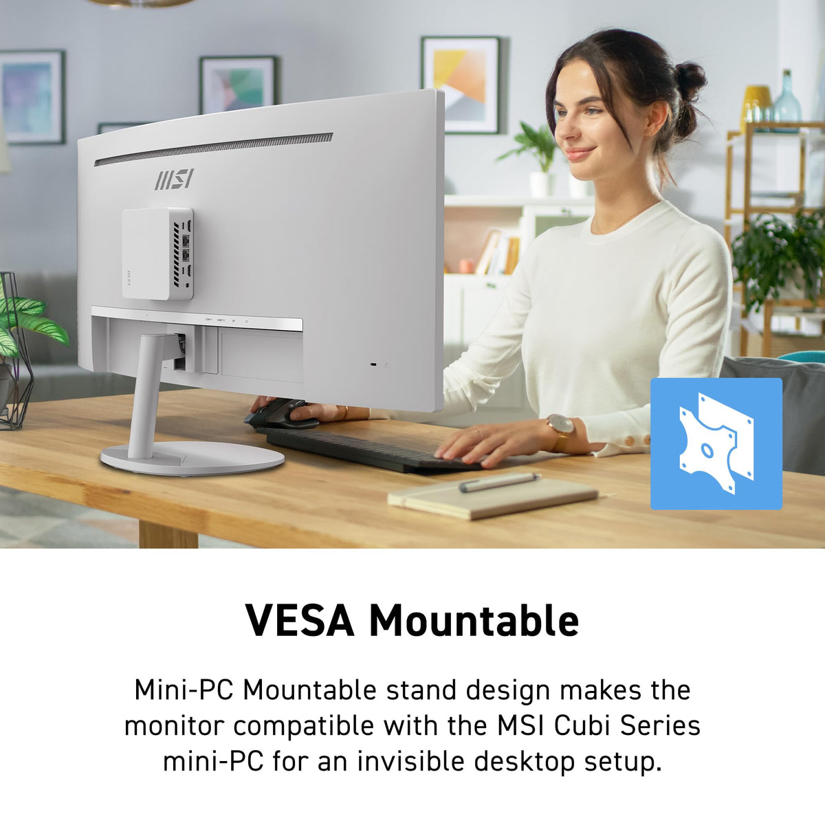 MSI PRO MP341CQW built-in speakers enhance multimedia without external audio equipment.