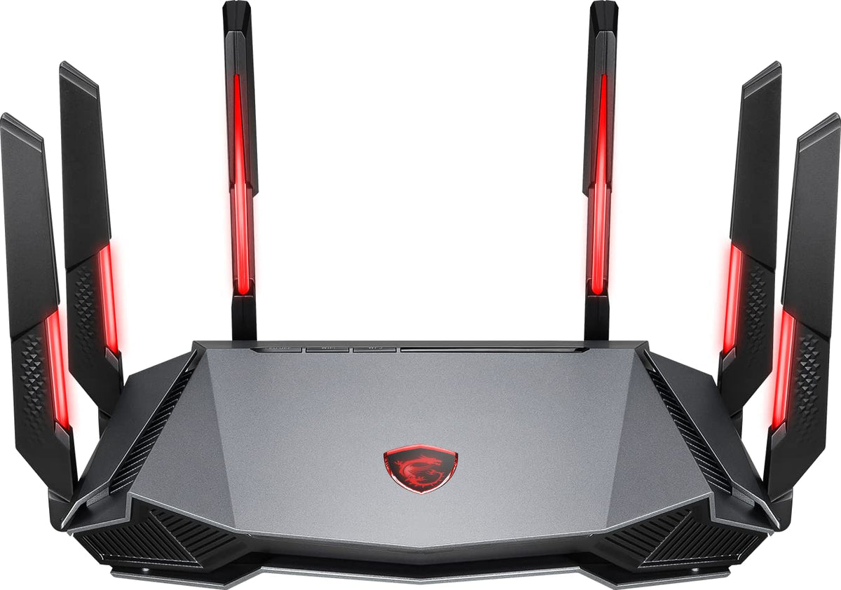 MSI Radix AXE6600 router front view highlighting fast setup and clean aesthetics.