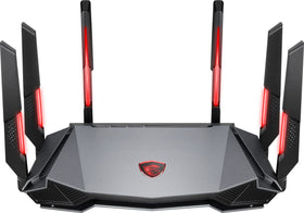 MSI Radix AXE6600 router front view highlighting fast setup and clean aesthetics.