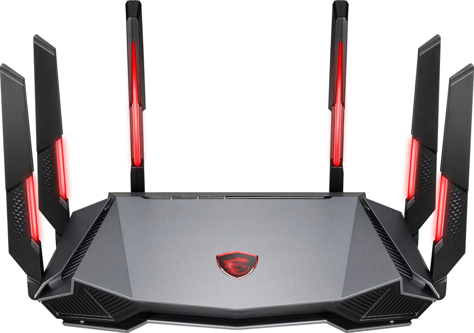 MSI Radix AXE6600 router front view highlighting fast setup and clean aesthetics.