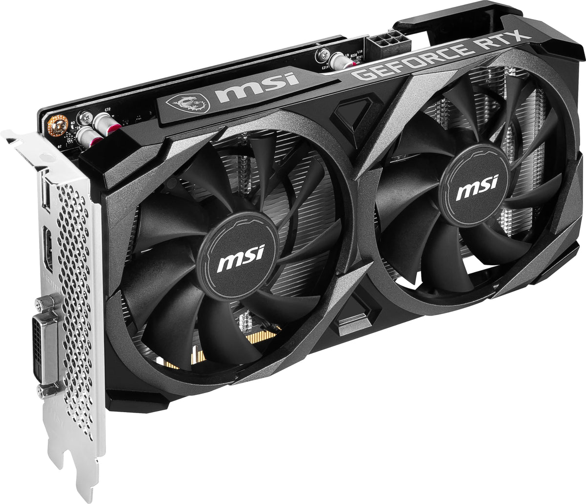 MSI RTX 3050 Ventus 2X XS 8G OC cooling fans close-up.