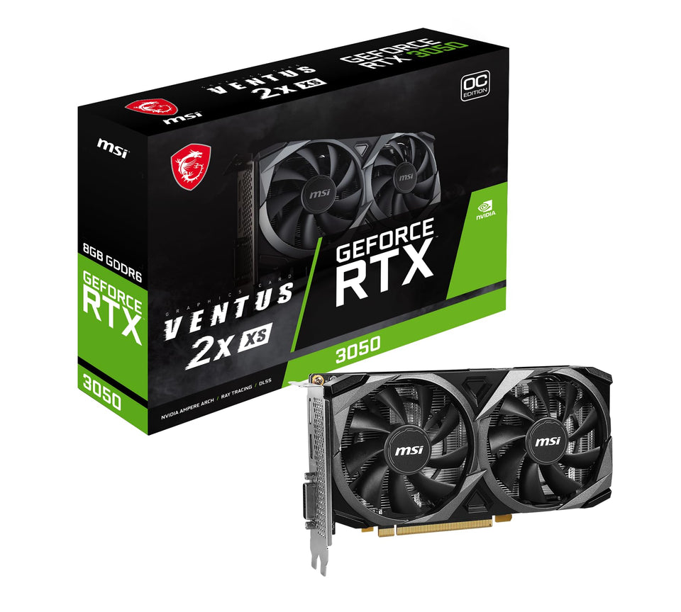 MSI RTX 3050 Ventus 2X XS 8G OC top view with dual fans for cooling.