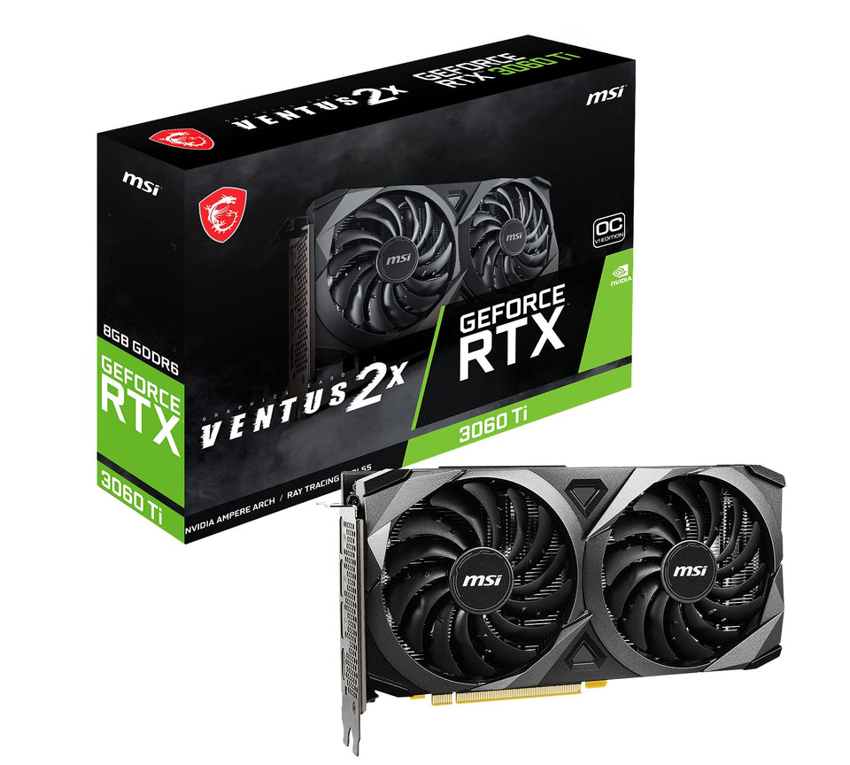MSI RTX 3060 Ti front view showing dual-fan cooling for stable performance.