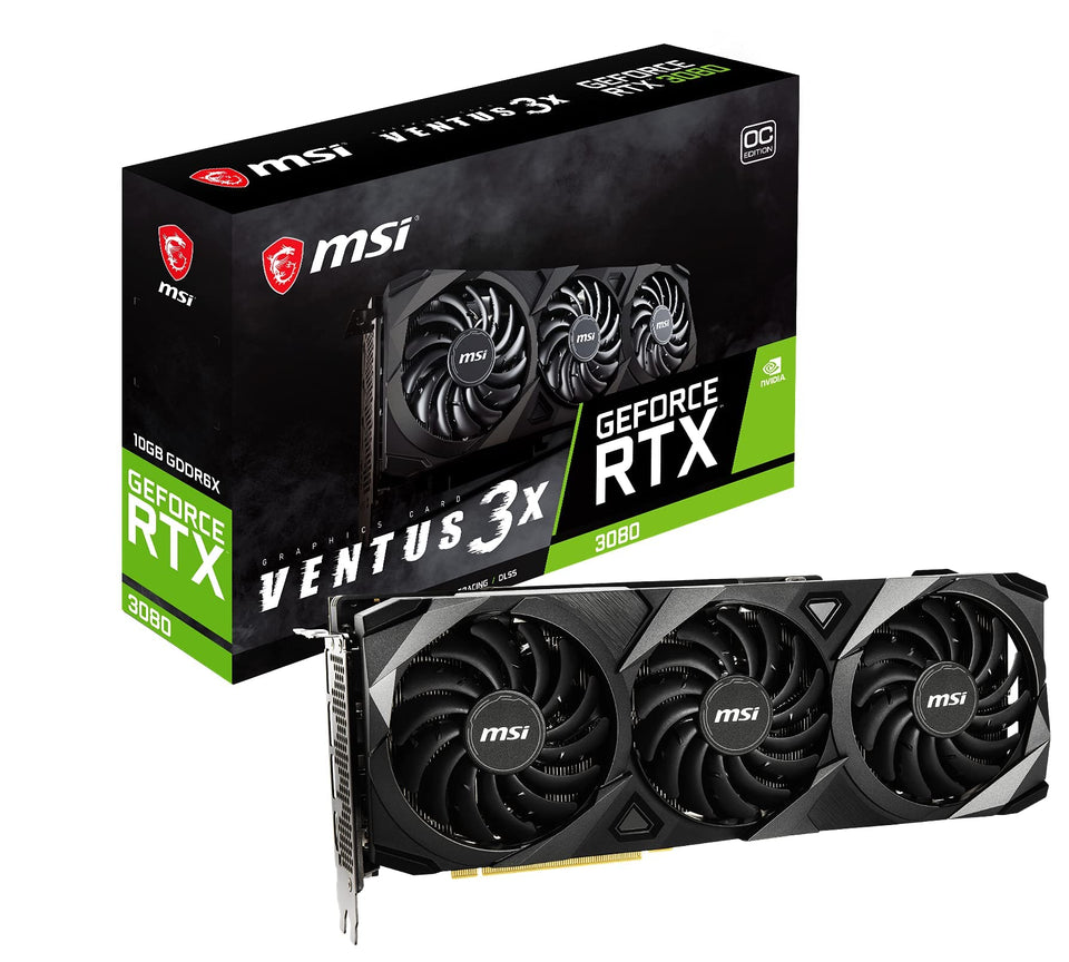 MSI RTX 3080 Ventus 3X front-angle showcasing cooling and build quality for immersive gaming
