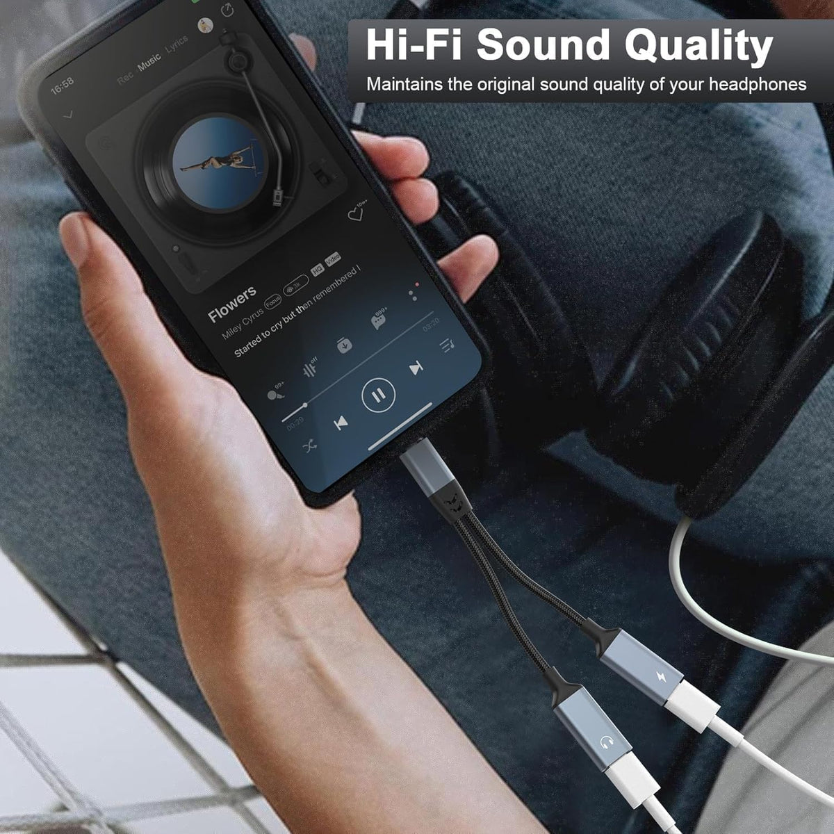Close-up of audio control and charging in action
