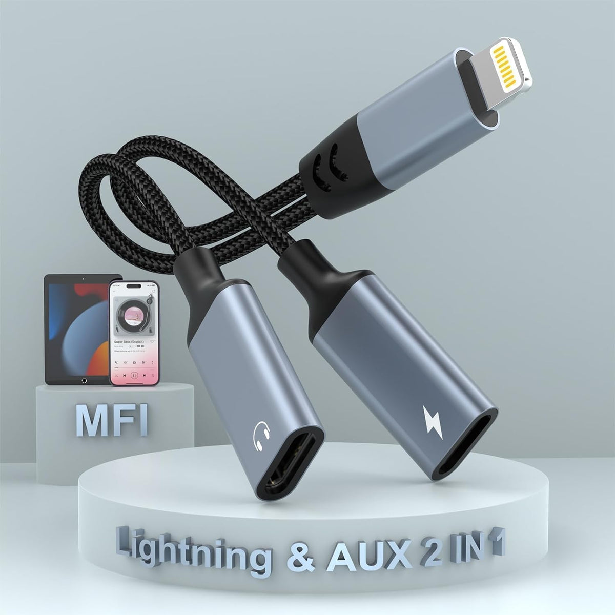MTAKYI Apple MFi dual Lightning splitter front view enabling simultaneous charging and audio
