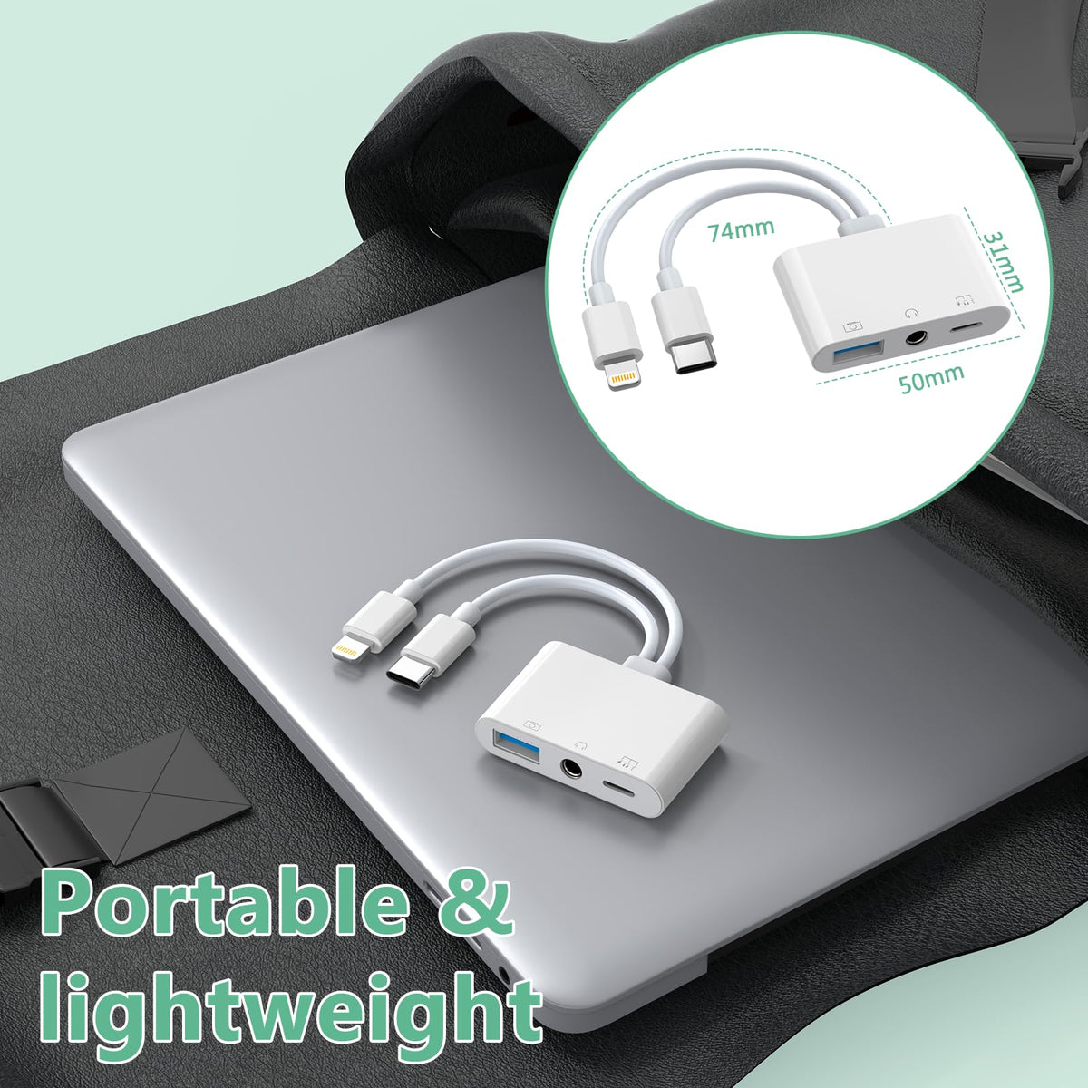 MTAKYI adapter with wired headphones in use illustrating hands-free listening while charging
