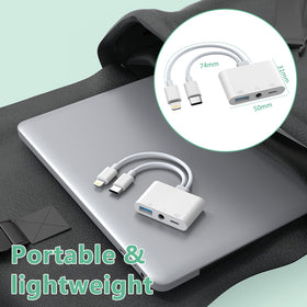 MTAKYI adapter with wired headphones in use illustrating hands-free listening while charging