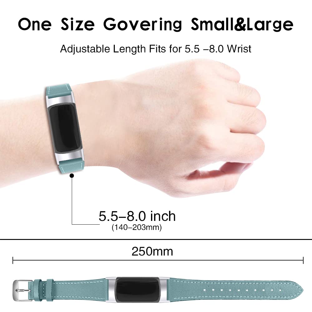 Mtozon blue leather band on wrist for Fitbit Charge 6/5, adjustable and stylish