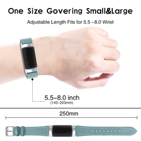 Mtozon blue leather band on wrist for Fitbit Charge 6/5, adjustable and stylish