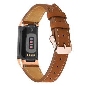 Mtozon Frosted Brown leather band for Fitbit Charge 6/5, comfortable daily wear.