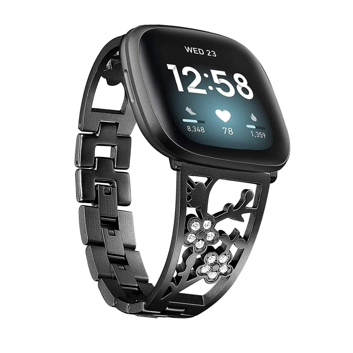 Mtozon stainless steel bracelet for Fitbit Sense 2 closeup, sparkling rhinestones for everyday elegance.