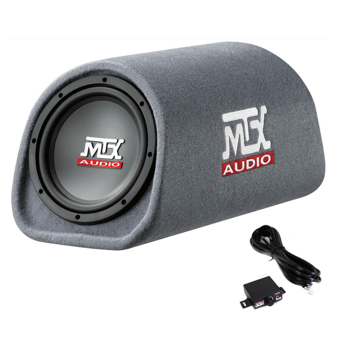 MTX Audio RT8PT front view shows a compact all-in-one bass solution.