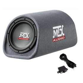 MTX Audio RT8PT front view shows a compact all-in-one bass solution.