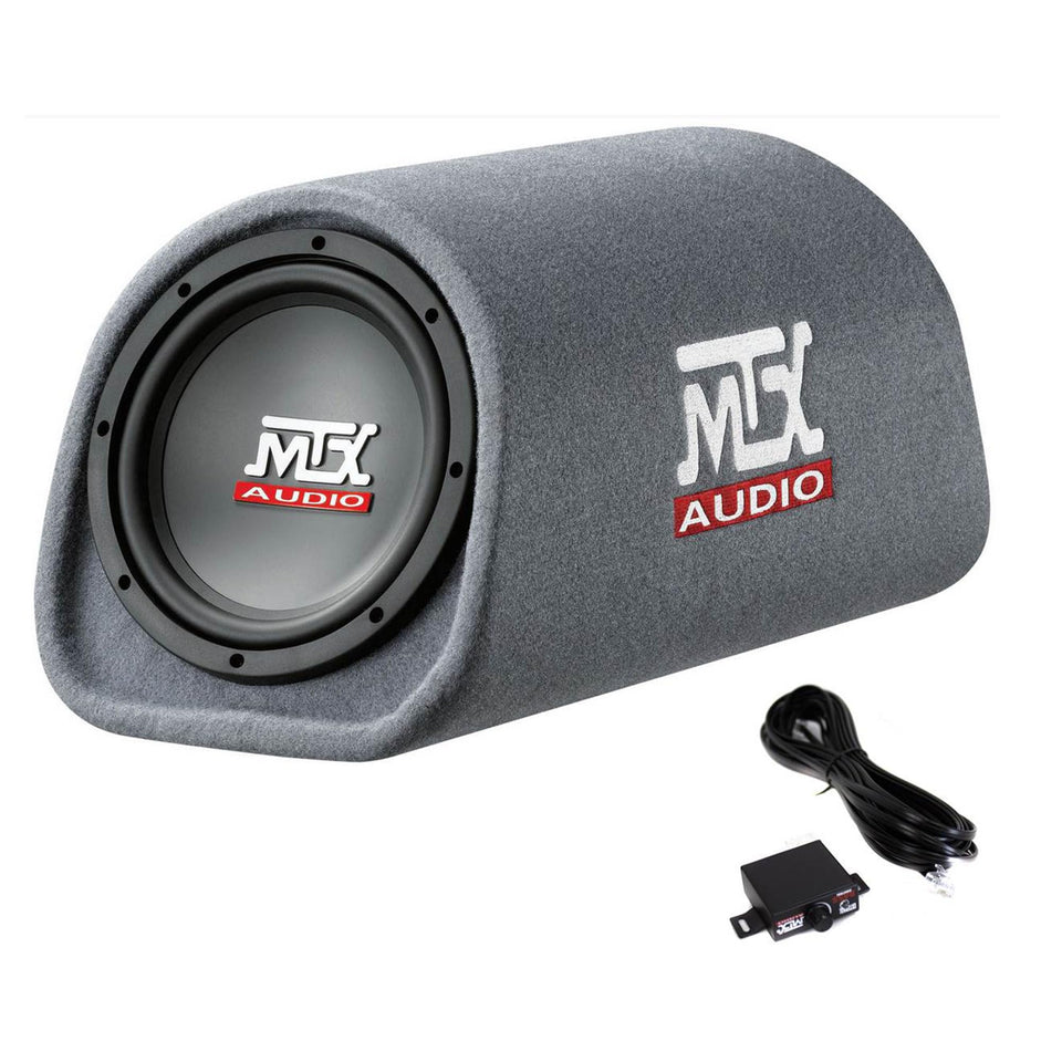 MTX Audio RT8PT front view shows a compact all-in-one bass solution.