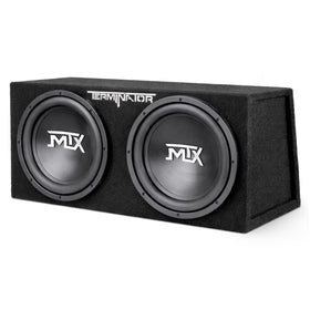 MTX Dual 12-inch subwoofers front view in loaded enclosure delivering powerful sealed bass.