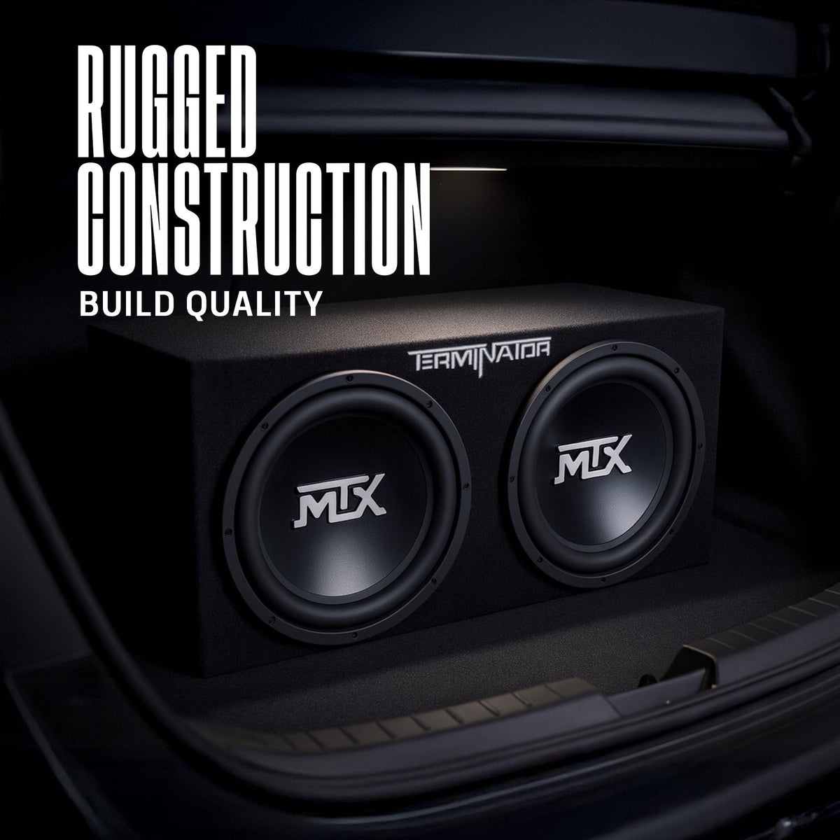 MTX Dual 12-inch subwoofers loaded enclosure side view emphasizes sturdy mounting.
