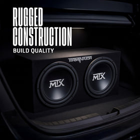 MTX Dual 12-inch subwoofers loaded enclosure side view emphasizes sturdy mounting.