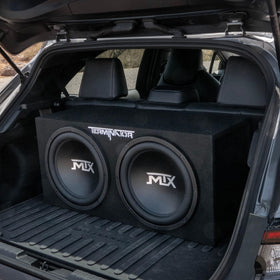 MTX MDF enclosure with black carpet provides secure installation.