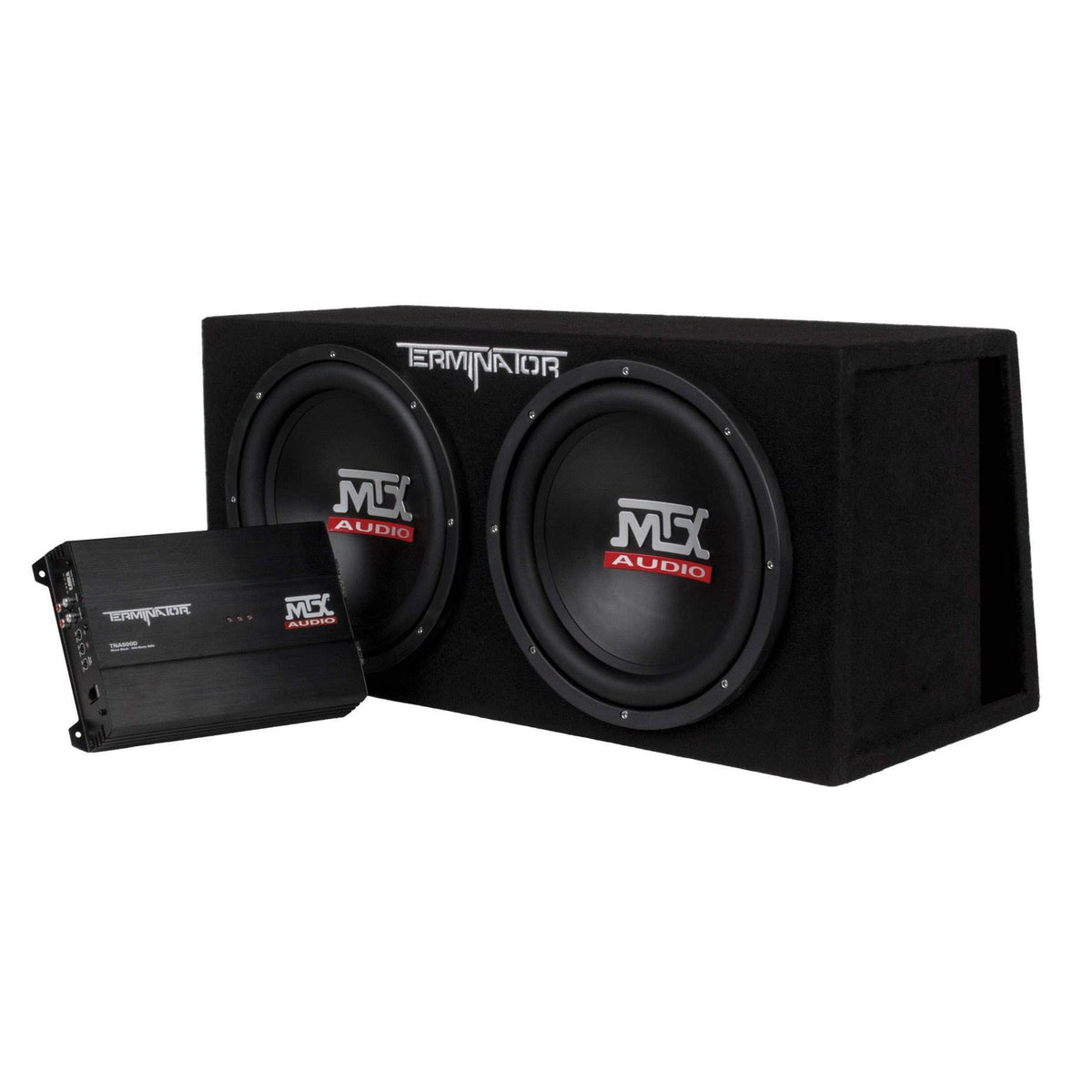MTX TNP212DV dual subwoofers close-up showing deep bass potential for car audio