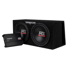 MTX TNP212DV dual subwoofers close-up showing deep bass potential for car audio